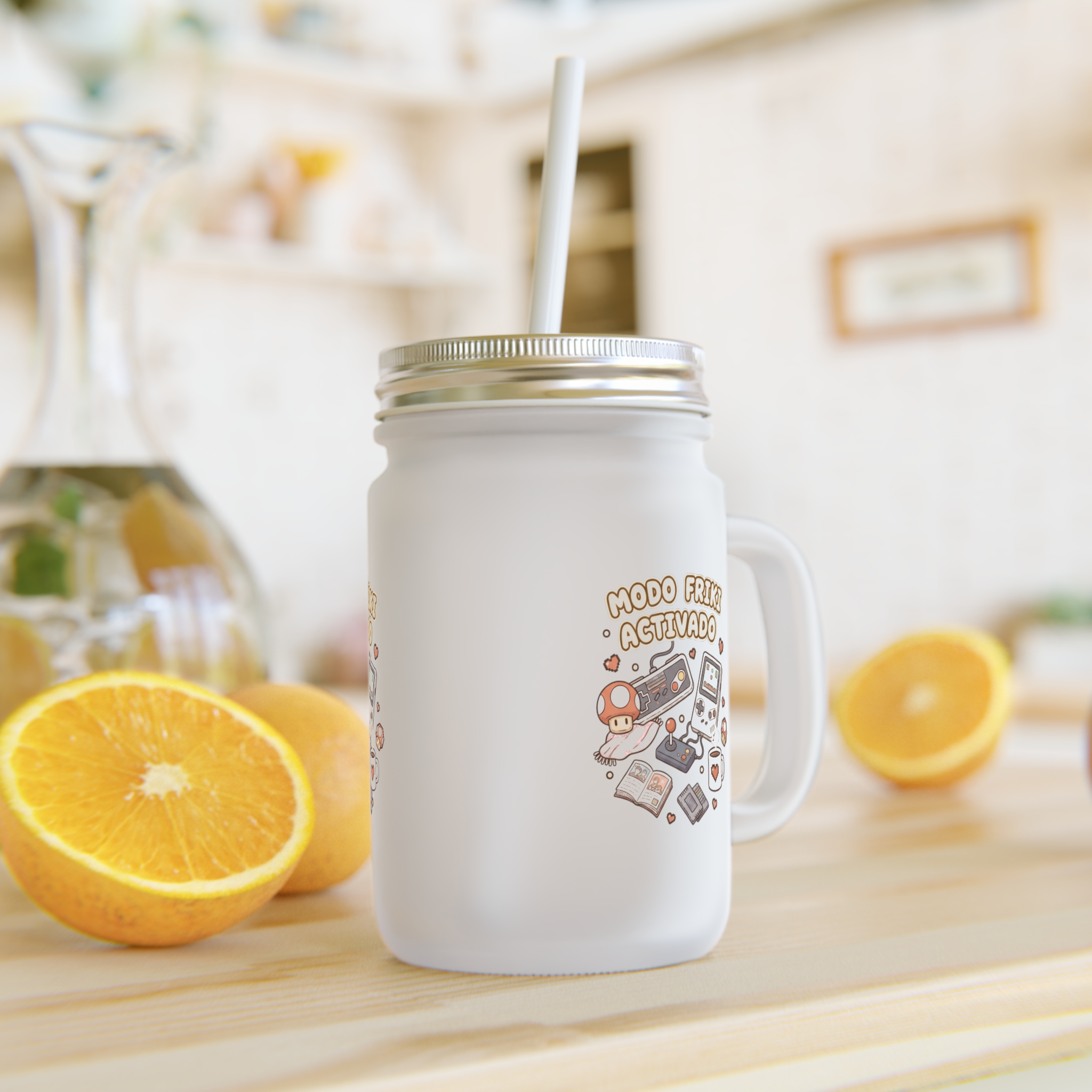 Jarra Mason de cristal esmerilado de 12oz (0.35 L) con diseño retro. Tapa de rosca y pajita. Ideal para fiestas, picnics y regalos