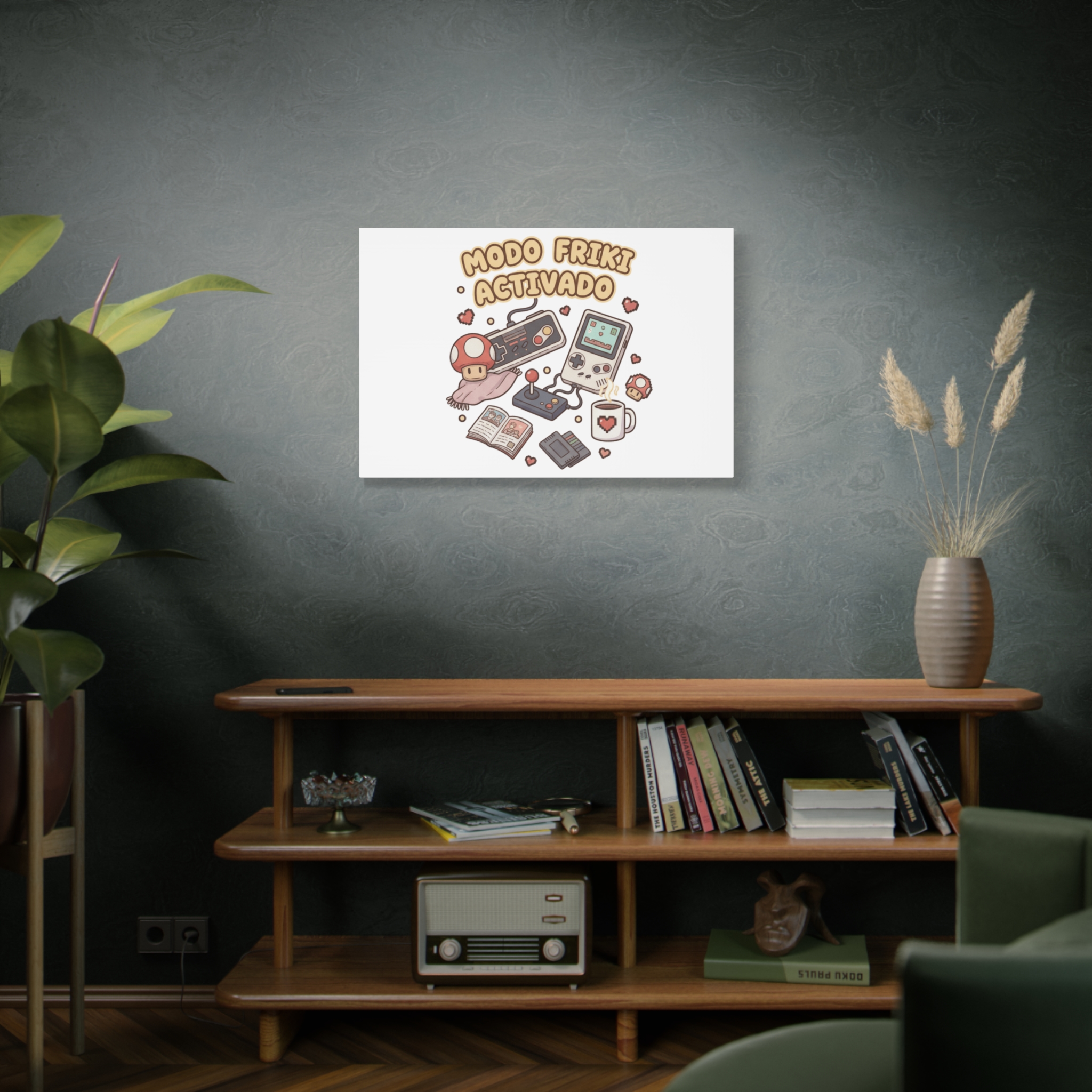 Lienzo de arte con diseño de videojuegos retro. Ideal para decorar salas de juego, oficinas o salones. Impreso con tintas ecológicas y marco sostenible.