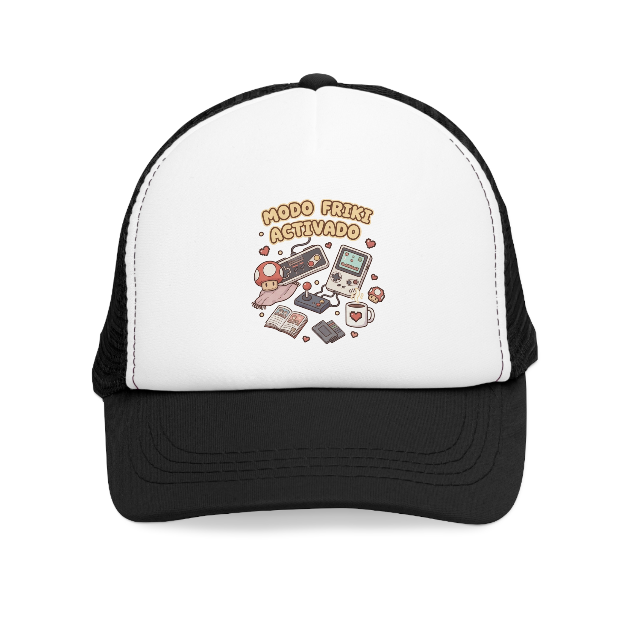 Gorra de malla con diseño retro gamer. Cierre ajustable, colores vibrantes y transpirable. Ideal para festivales, días casuales y regalos