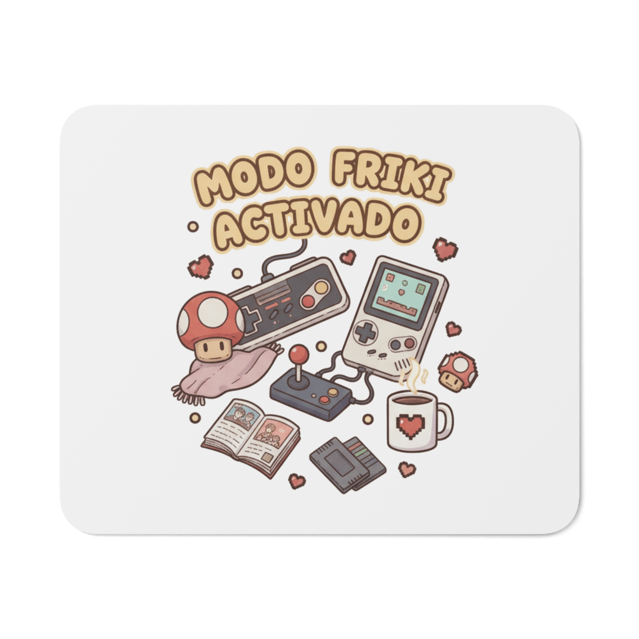 Alfombrilla de ratón con diseño retro gamer. Base de goma antideslizante, superficie suave y colores vibrantes. Perfecta para gamers y amantes de la cultura pop.