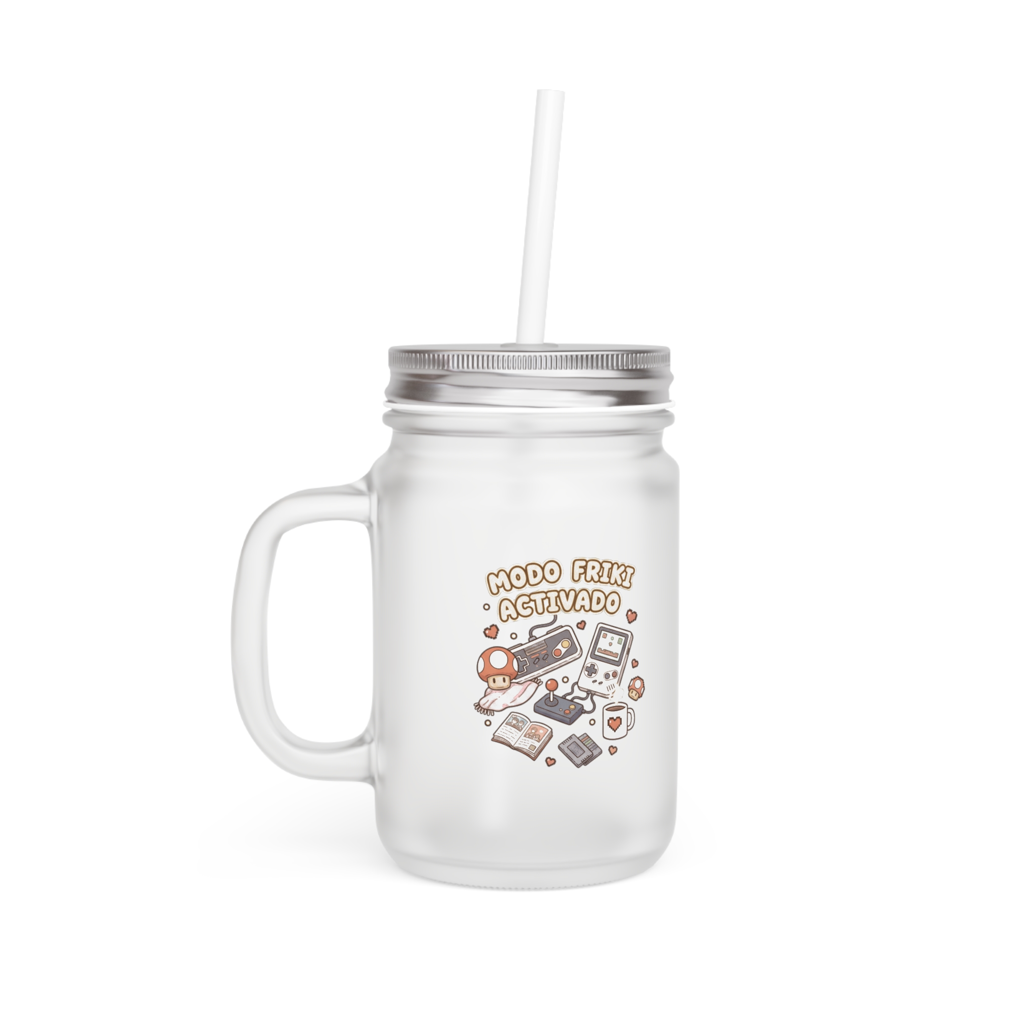 Jarra Mason de cristal esmerilado de 12oz (0.35 L) con diseño retro. Tapa de rosca y pajita. Ideal para fiestas, picnics y regalos