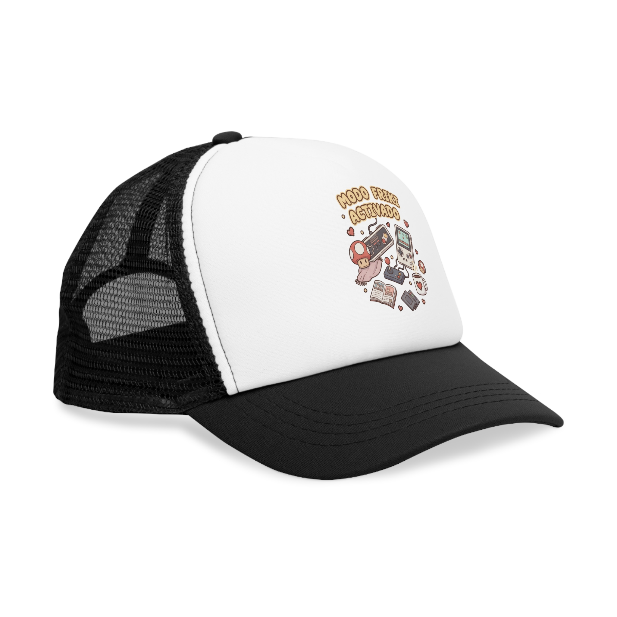Gorra de malla con diseño retro gamer. Cierre ajustable, colores vibrantes y transpirable. Ideal para festivales, días casuales y regalos