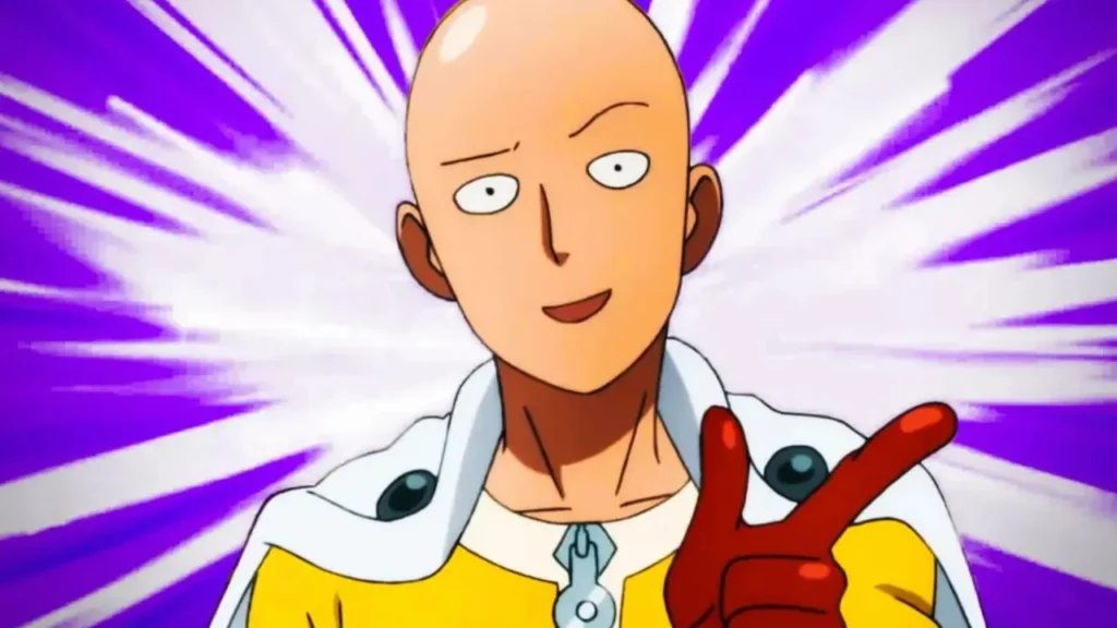 Saitama, el protagonista de One Punch Man, en una pose poderosa, rodeado de un fondo de batalla intenso y personajes secundarios