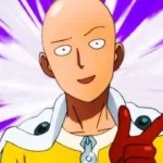 Saitama, el protagonista de One Punch Man, en una pose poderosa, rodeado de un fondo de batalla intenso y personajes secundarios