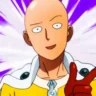 Saitama, el protagonista de One Punch Man, en una pose poderosa, rodeado de un fondo de batalla intenso y personajes secundarios