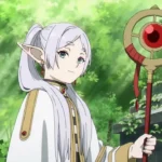 Ilustración de Frieren, la hechicera elfa, con un rostro sereno y pensativo, mostrando su sabiduría y madurez.